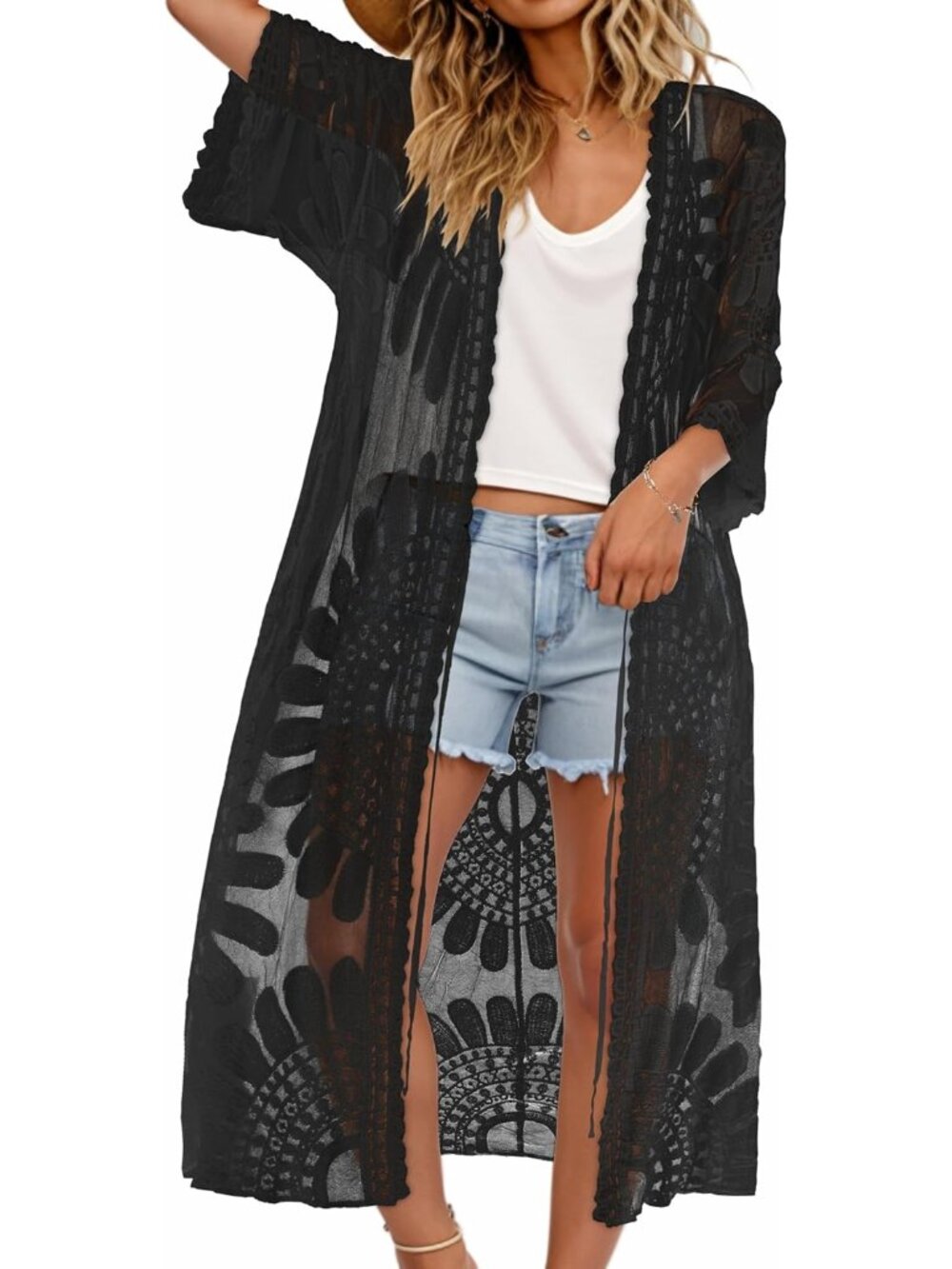 Womens Swimsuit Coverup Lace Bathing Suit Cover Up Beach Kimonos Long Cardigan O